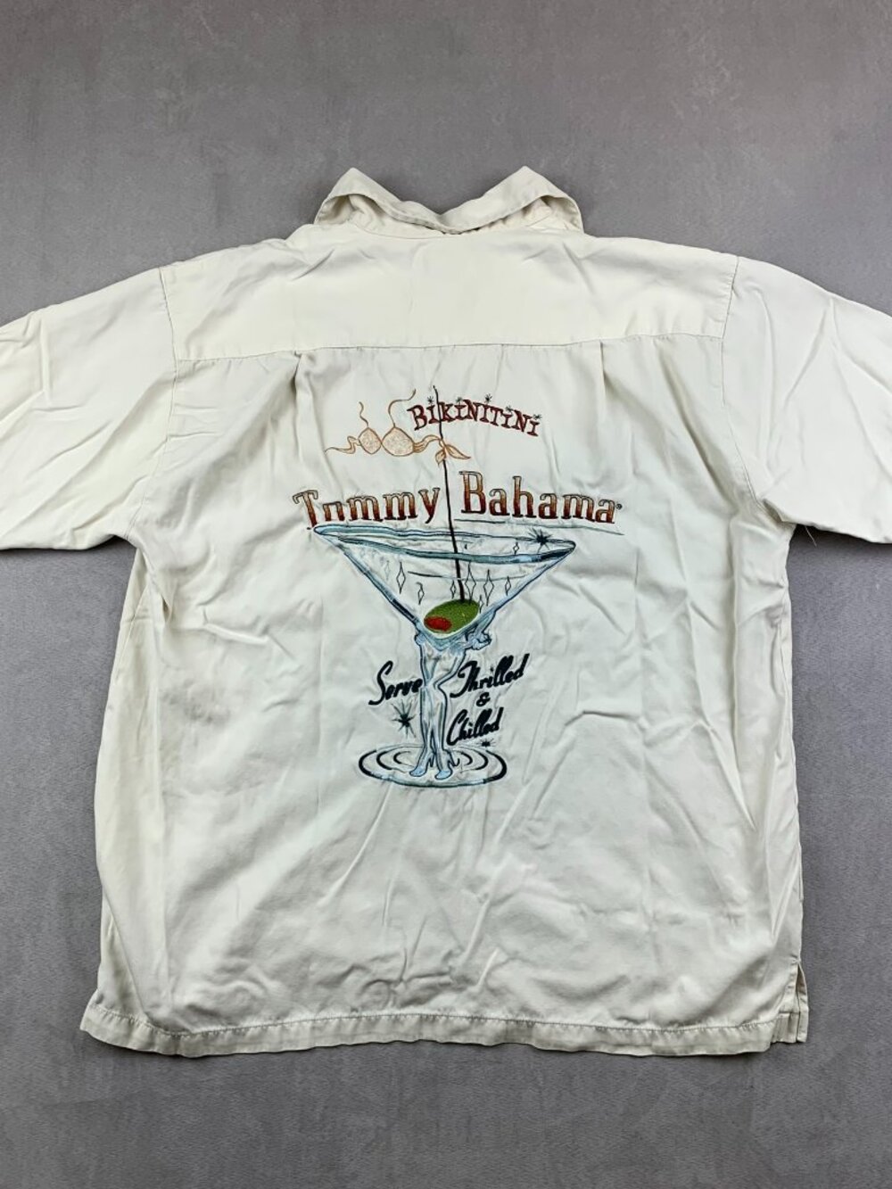 Tommy Bahama Mens Silk Camp Shirt Medium Bikinitini Martini Glass Embroidered